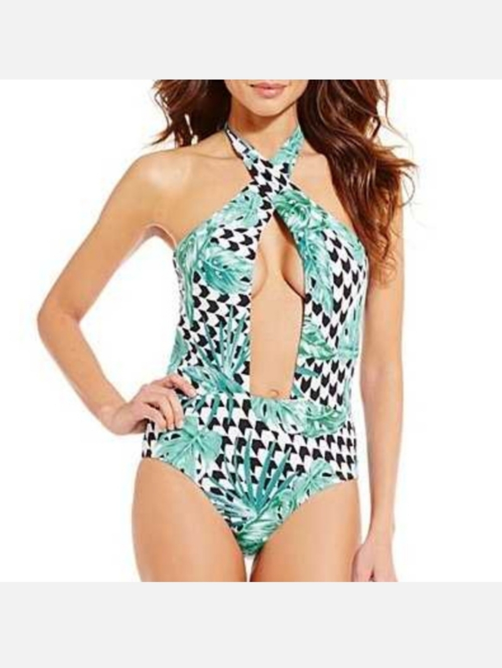NWOT Gianni Bini Plunge Black & Blue Swimsuit One Piece Halter Medium G175